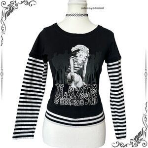 Y2K Grunge Betty Boop Black & White Stripe Layered Long Sleeve Graphic Top
